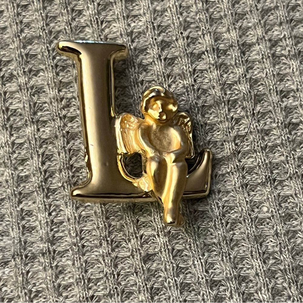 Vintage L Razza Lapel Pin Brooch Angel Letter L Initial Name Gold Shiny Cherub